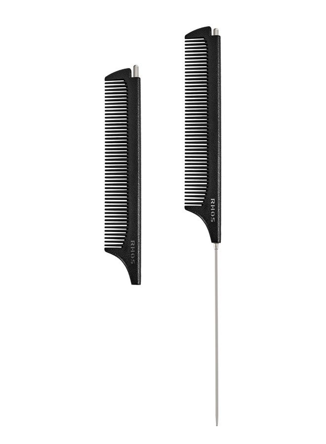 RHOS Carbon Retractable Rat Tail Comb for Parting and Styling, Hair Cutting and Braiding - Stainless Steel Pin Tail Comb, Black - Image 1